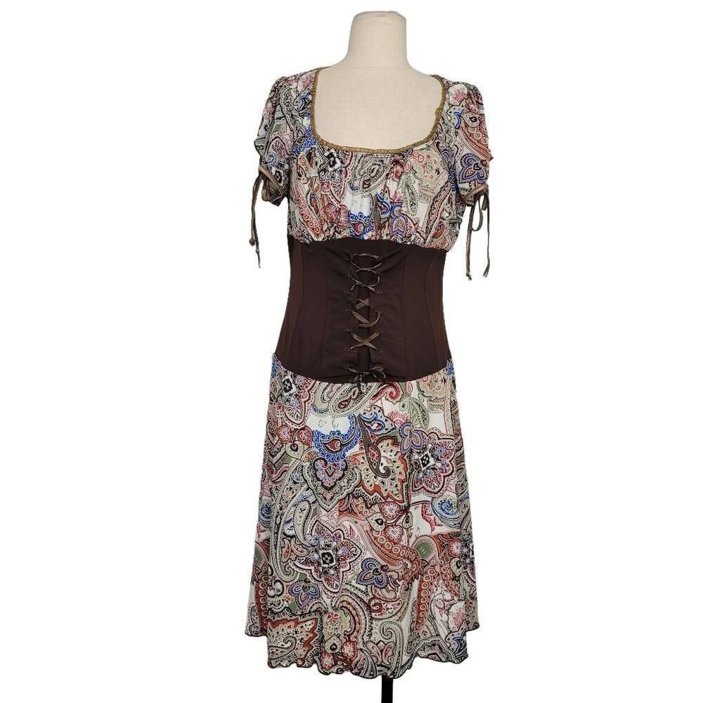 Vtg 90s Torrid Paisley Mesh Corset Dress Sz L/1X Brown Stretch Witchy Made USA